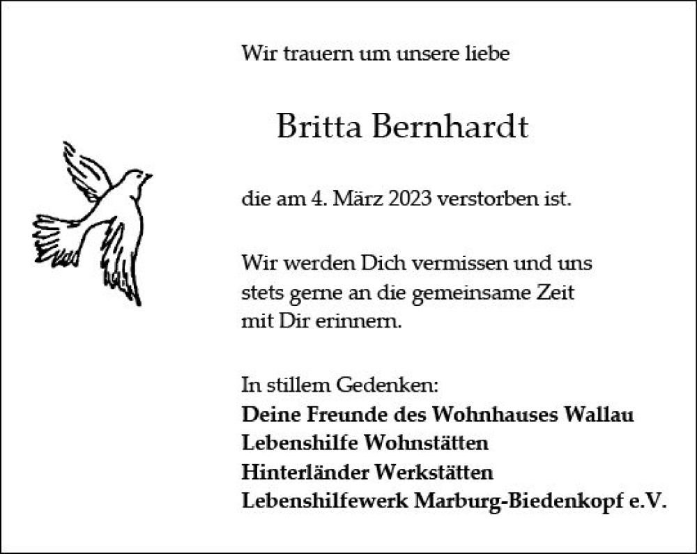  Traueranzeige für Britta Bernhardt vom 15.03.2023 aus Hinterländer Anzeiger