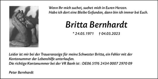 Traueranzeige von Britta Bernhardt von Hinterländer Anzeiger