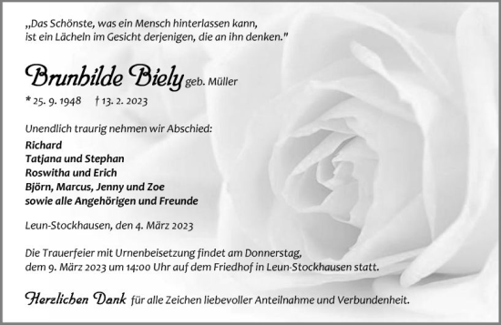 Traueranzeige von Brunhilde Biely von Wetzlarer Neue Zeitung