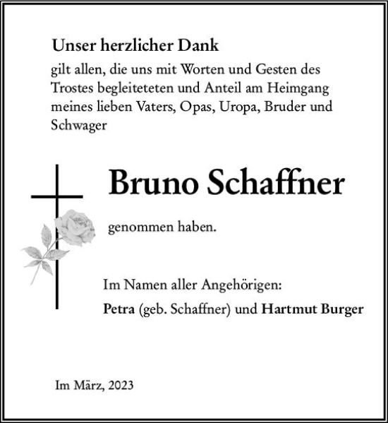 Traueranzeige von Bruno Schaffner von Wormser Zeitung