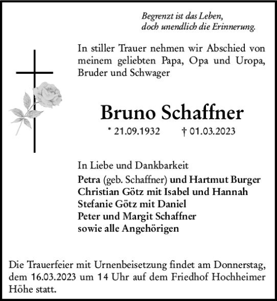 Traueranzeige von Bruno Schaffner von Wormser Zeitung