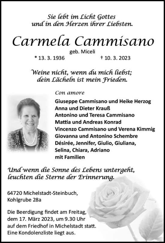 Traueranzeige von Carmela Cammisano von Odenwälder Echo