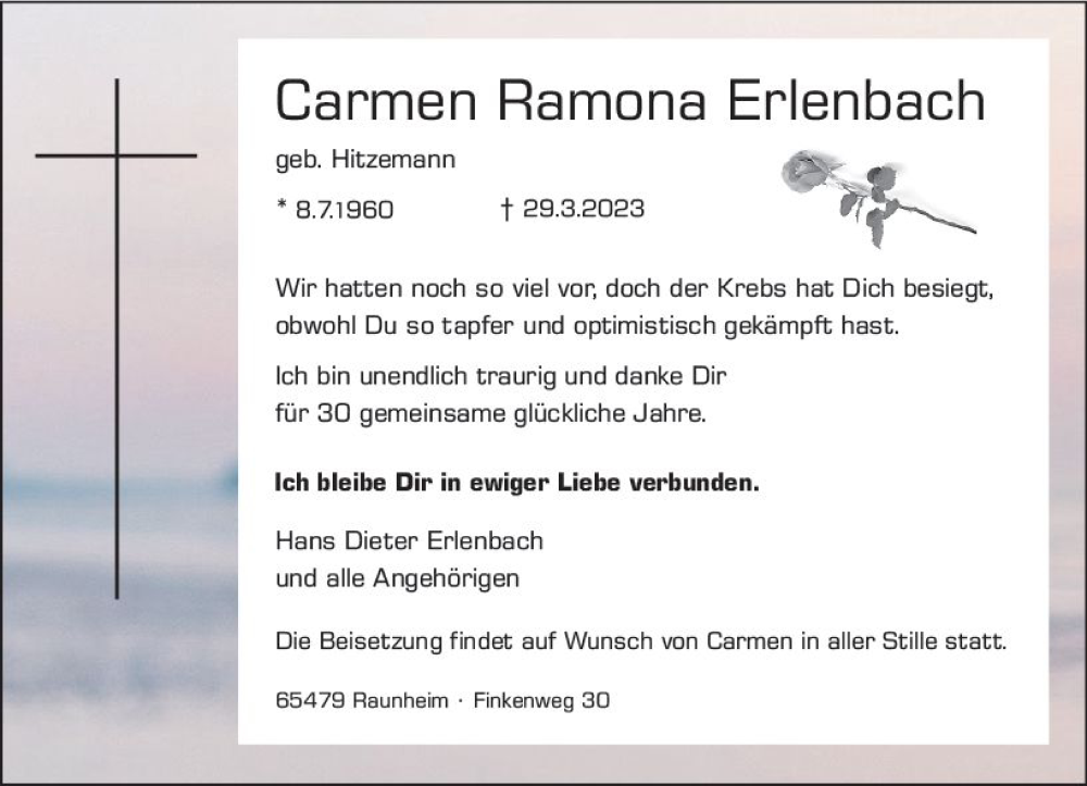  Traueranzeige für Carmen Ramona Erlenbach vom 01.04.2023 aus Rüsselsheimer Echo
