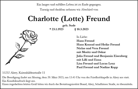 Traueranzeige von Charlotte Freund von Allgemeine Zeitung Alzey