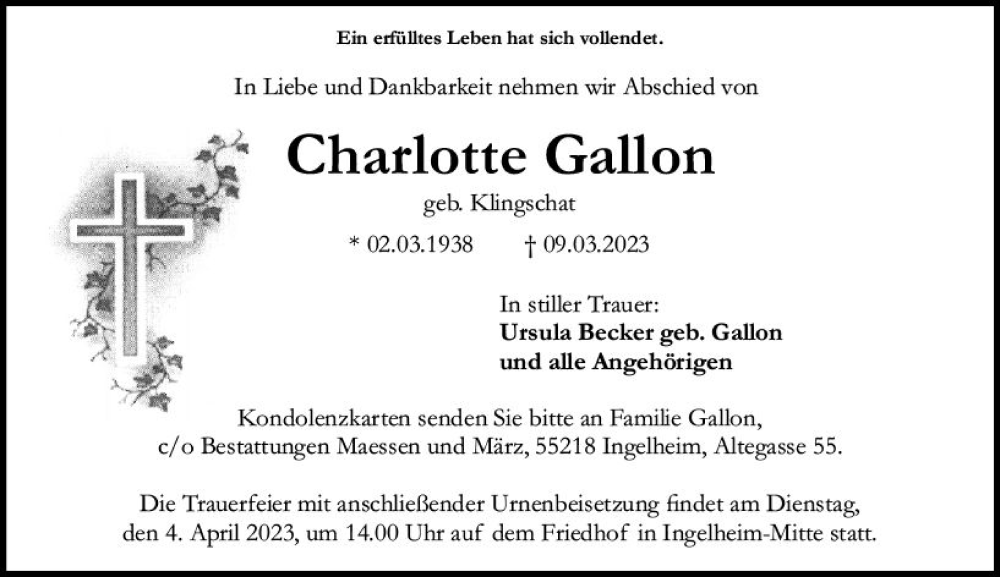  Traueranzeige für Charlotte Gallon vom 25.03.2023 aus Allgemeine Zeitung Bingen/Ingelheim