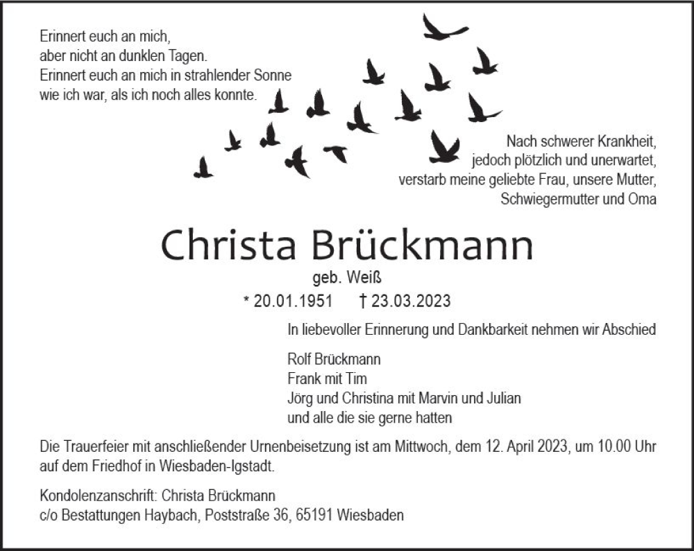  Traueranzeige für Christa Brückmann vom 01.04.2023 aus Wiesbadener Kurier