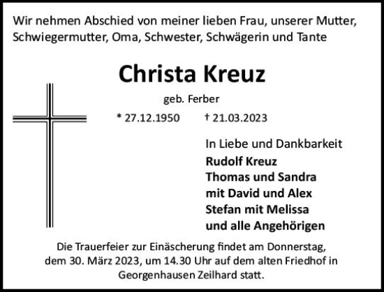 Traueranzeige von Christa Kreuz von Darmstädter Echo