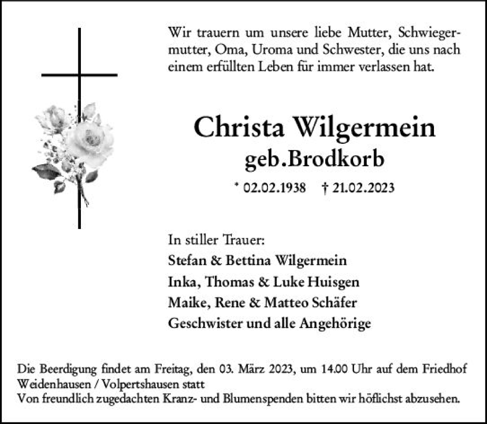  Traueranzeige für Christa Wilgermein vom 02.03.2023 aus Wetzlarer Neue Zeitung