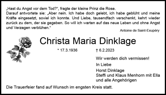 Traueranzeige von Christa Maria Dinklage von Dieburger Anzeiger/Groß-Zimmerner Lokal-Anzeiger