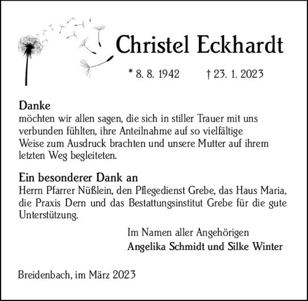  Traueranzeige für Christel Eckhardt vom 04.03.2023 aus Hinterländer Anzeiger