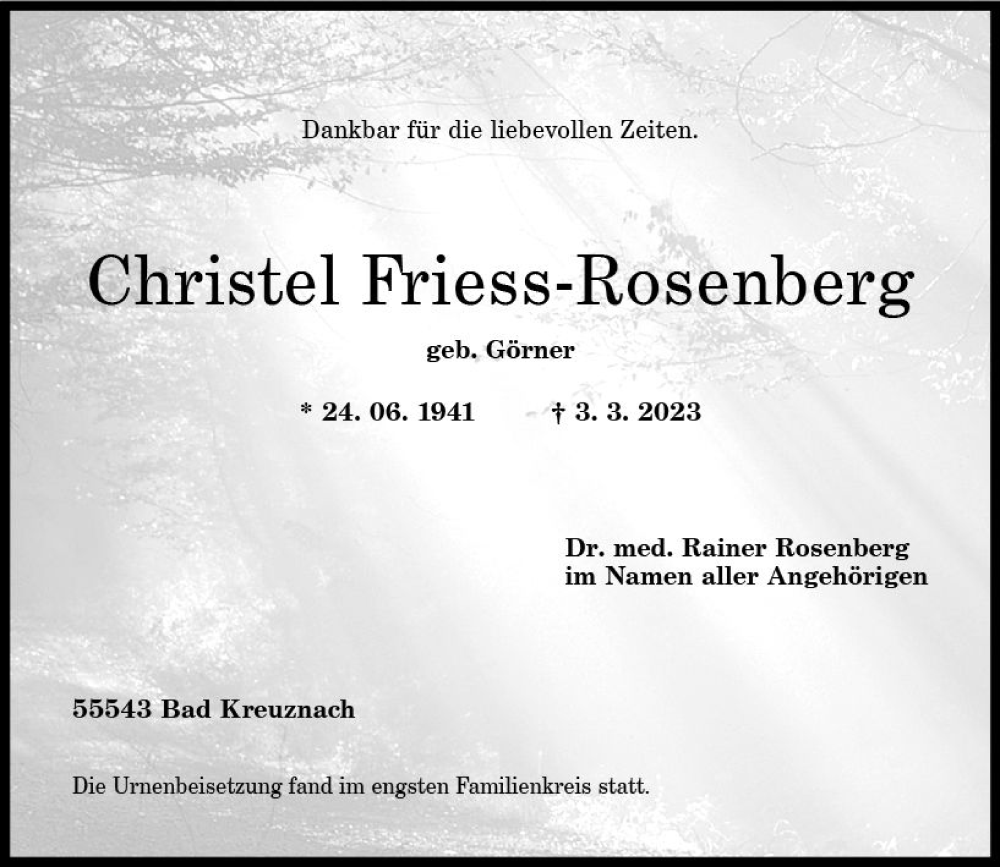  Traueranzeige für Christel Friess-Rosenberg vom 18.03.2023 aus Allgemeine Zeitung Bad Kreuznach