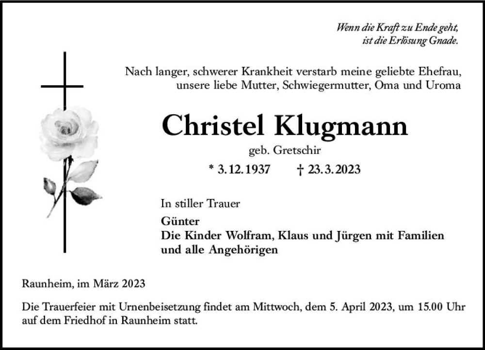  Traueranzeige für Christel Klugmann vom 01.04.2023 aus Rüsselsheimer Echo