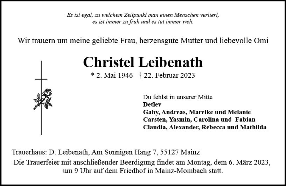  Traueranzeige für Christel Leibenath vom 01.03.2023 aus Allgemeine Zeitung Mainz