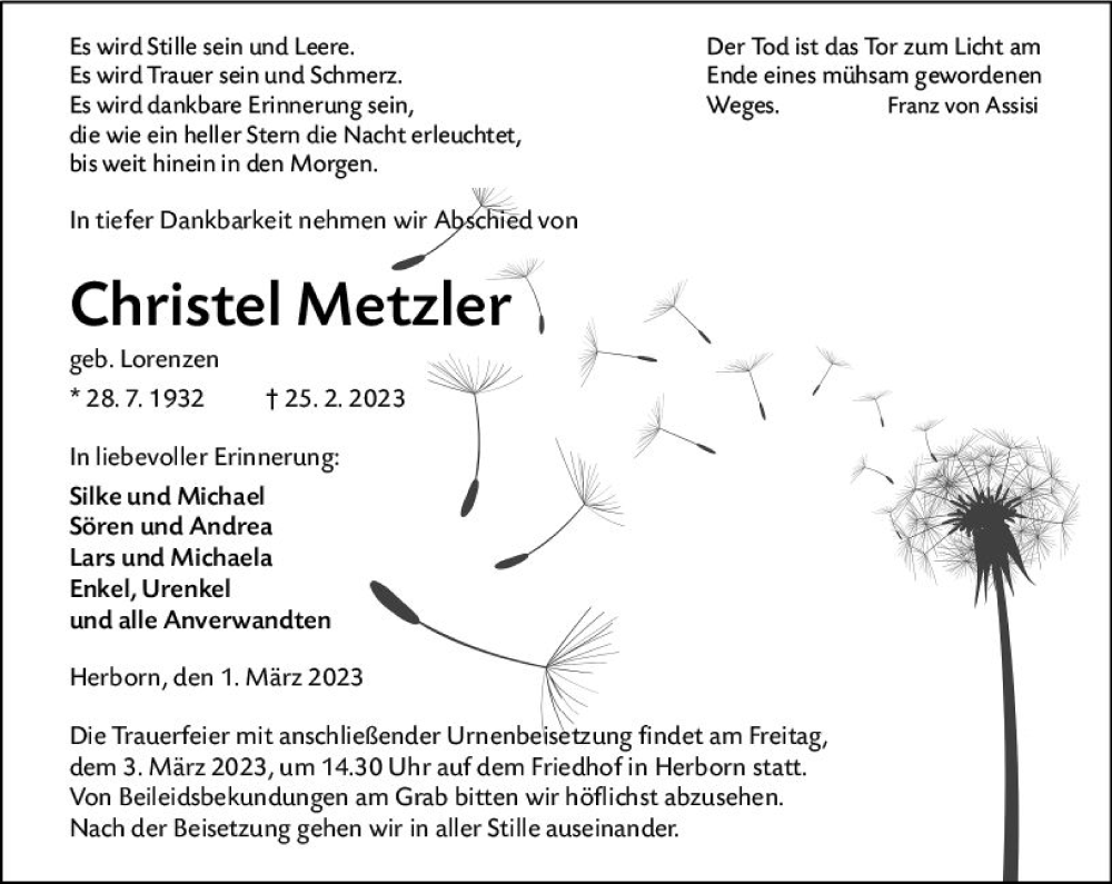  Traueranzeige für Christel Metzler vom 01.03.2023 aus Dill Block