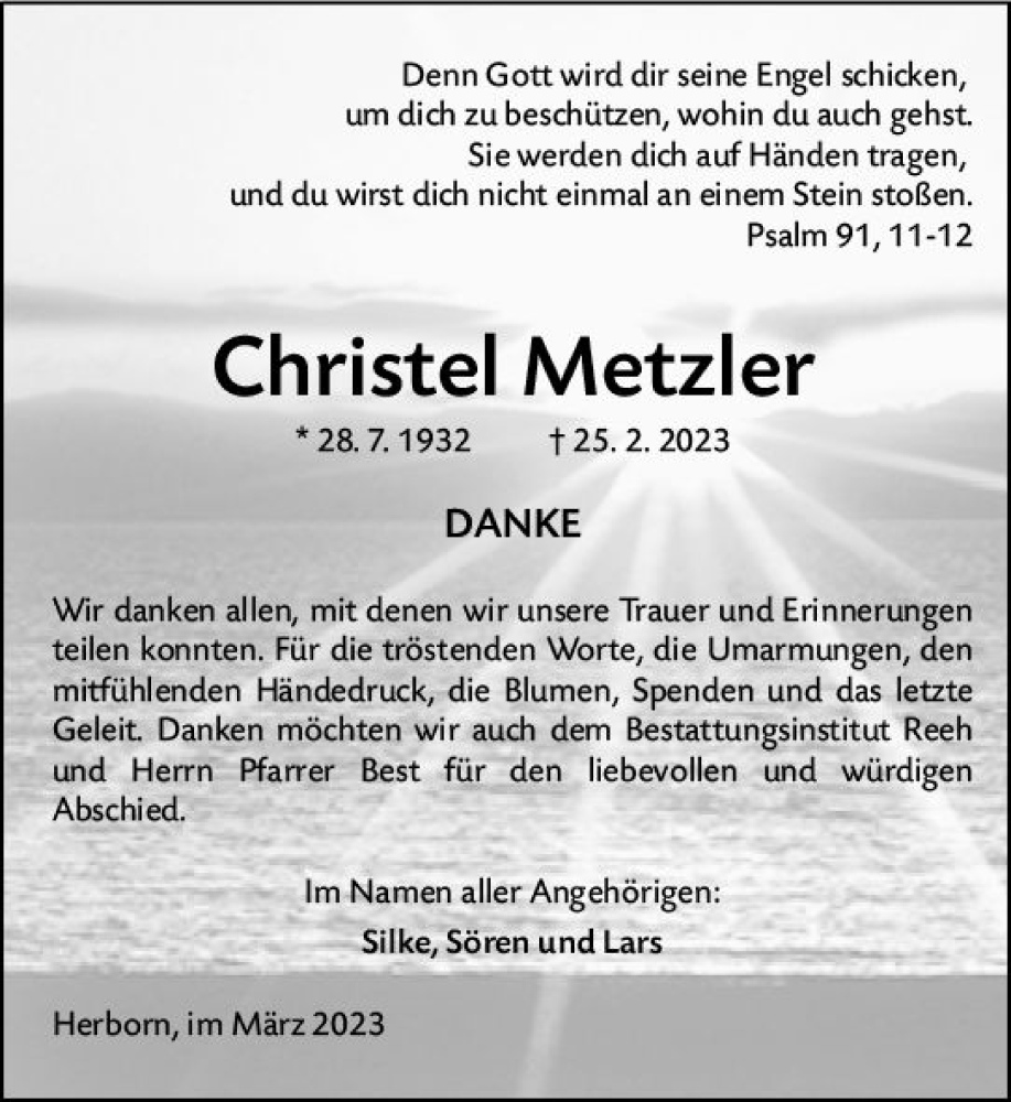  Traueranzeige für Christel Metzler vom 18.03.2023 aus Dill Block