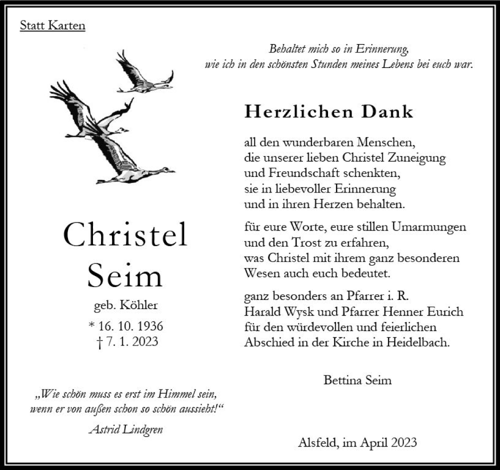  Traueranzeige für Christel Seim vom 01.04.2023 aus Oberhessen Kurier