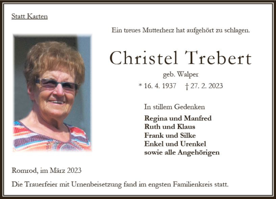 Traueranzeige von Christel Trebert von Oberhessen Kurier