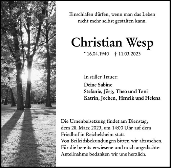 Traueranzeige von Christian Wesp von Odenwälder Echo