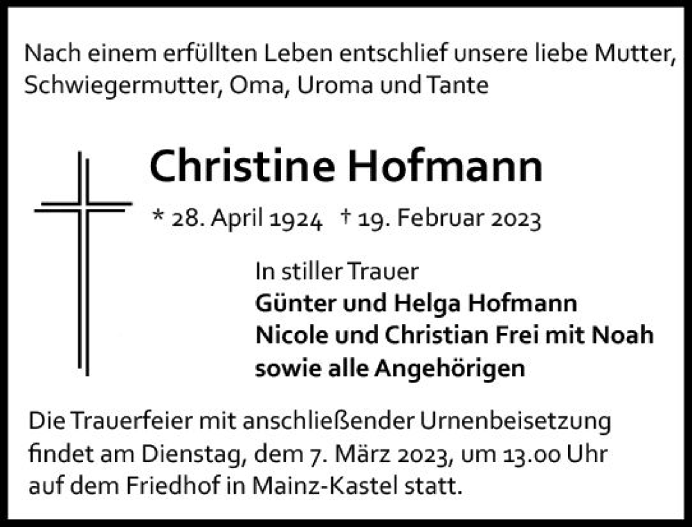  Traueranzeige für Christine Hofmann vom 04.03.2023 aus Allgemeine Zeitung Mainz