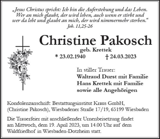 Traueranzeige von Christine Pakosch von Wiesbadener Kurier