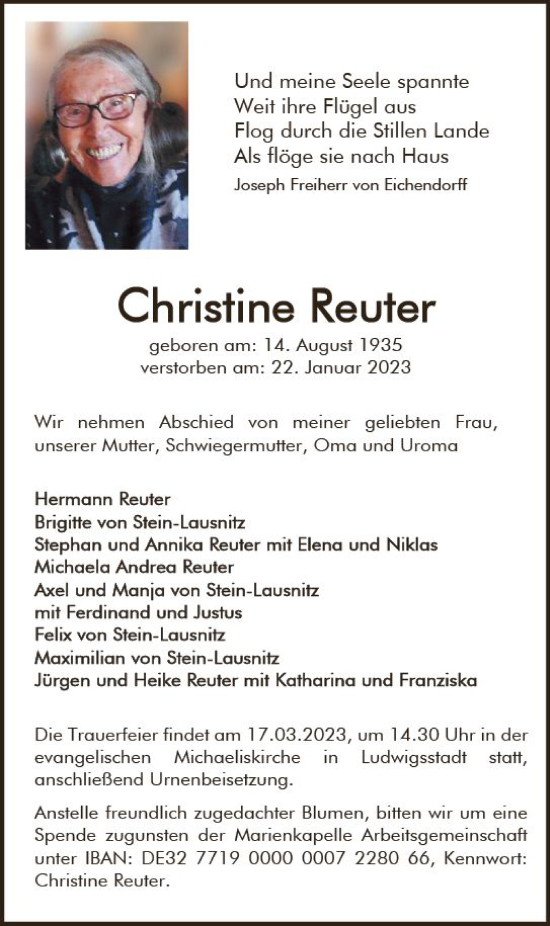 Traueranzeige von Christine Reuter von Wiesbadener Kurier