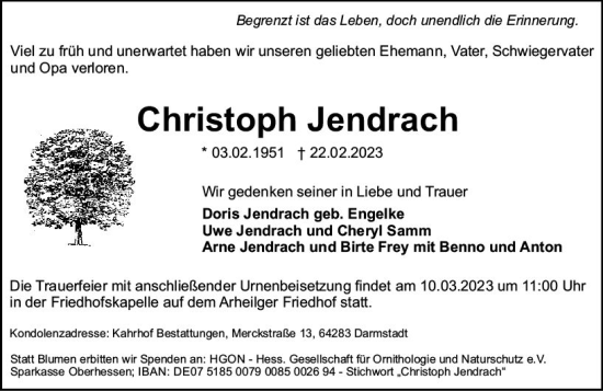 Traueranzeige von Christoph Jendrach von Darmstädter Echo