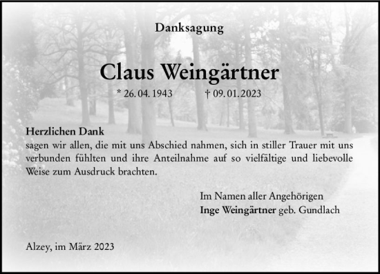 Traueranzeige von Claus Weingärtner von Allgemeine Zeitung Alzey