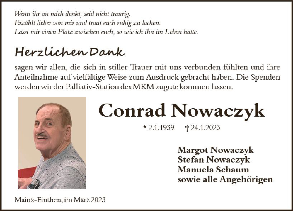  Traueranzeige für Conrad Nowaczyk vom 04.03.2023 aus Allgemeine Zeitung Mainz