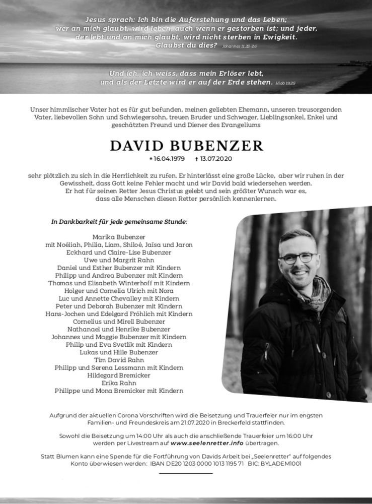  Traueranzeige für David Bubenzer vom 21.07.2020 aus 202 Dill Block