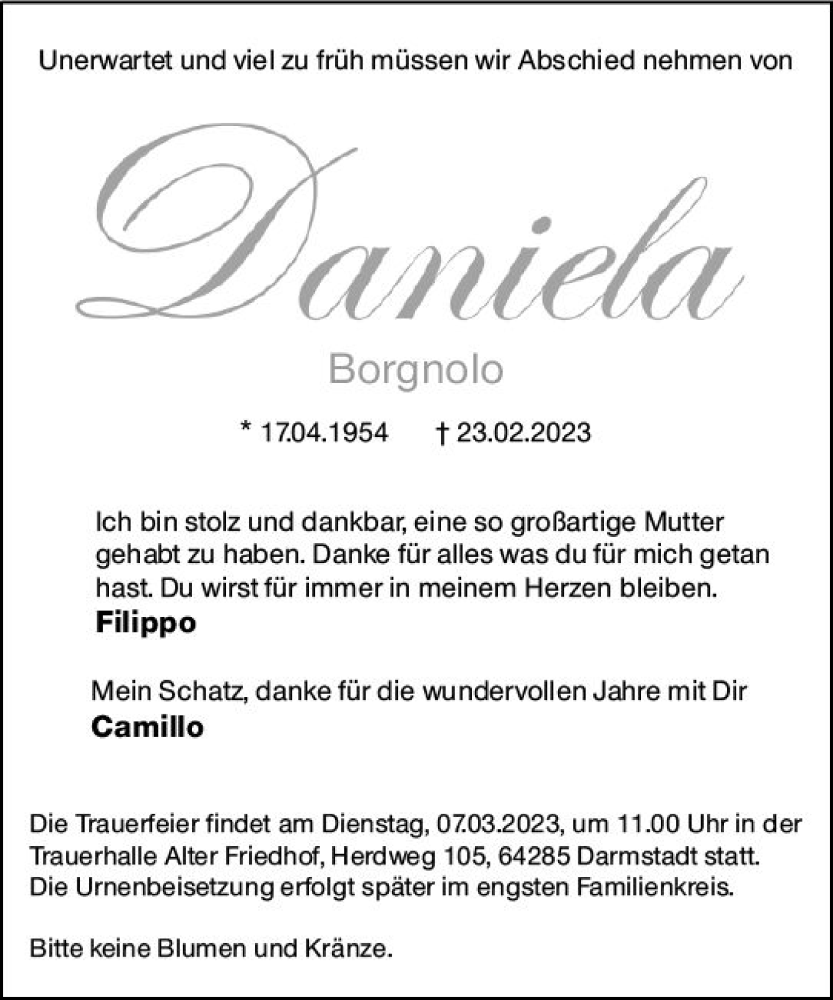  Traueranzeige für Daniela Borgnolo vom 04.03.2023 aus Darmstädter Echo