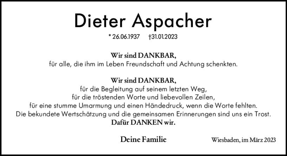  Traueranzeige für Dieter Aspacher vom 04.03.2023 aus Wiesbadener Kurier