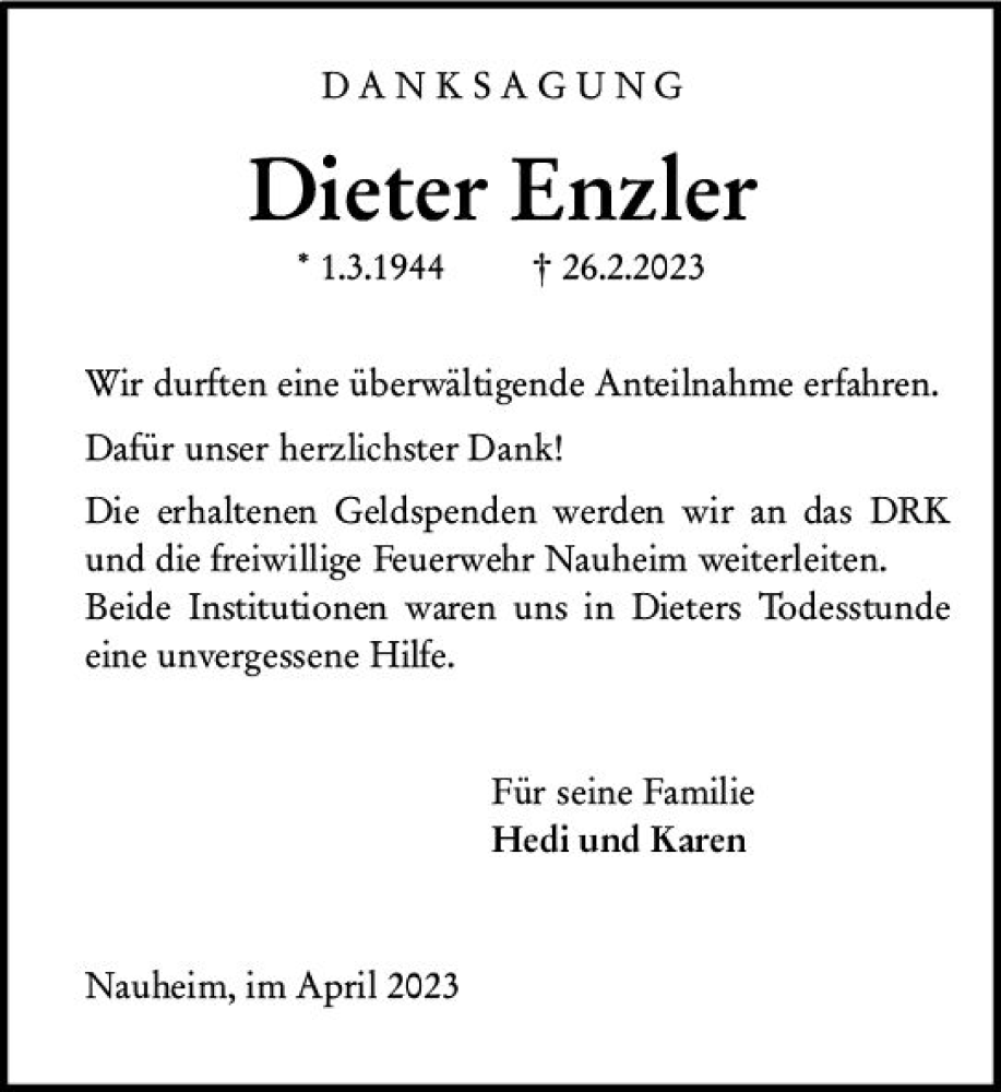  Traueranzeige für Dieter Enzler vom 01.04.2023 aus Rüsselsheimer Echo