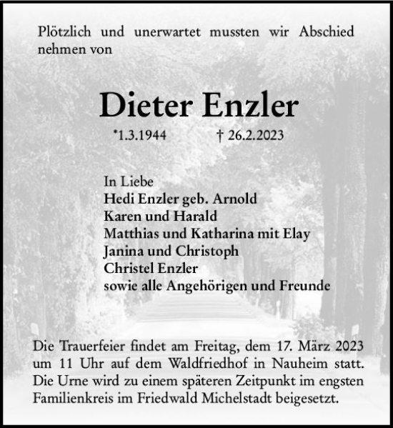 Traueranzeige von Dieter Enzler von Rüsselsheimer Echo