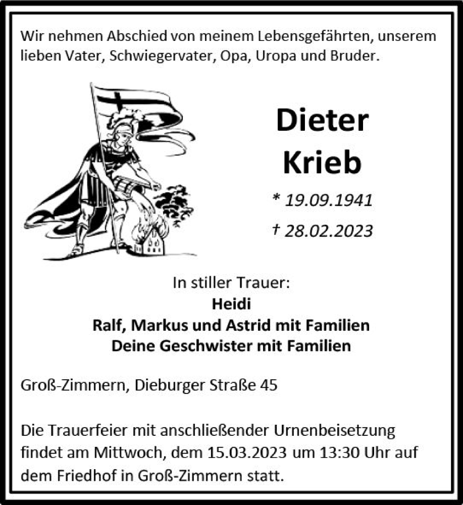  Traueranzeige für Dieter Krieb vom 11.03.2023 aus Dieburger Anzeiger/Groß-Zimmerner Lokal-Anzeiger
