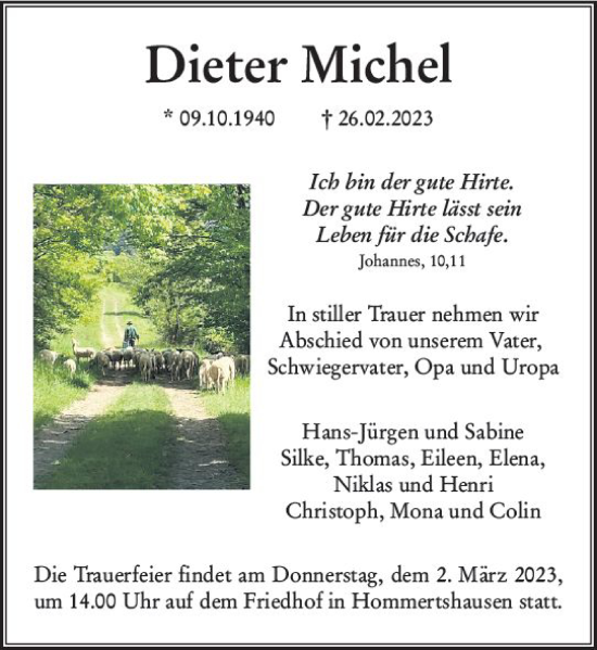 Traueranzeige von Dieter Michel von Hinterländer Anzeiger