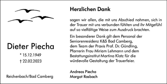 Traueranzeige von Dieter Piecha von Camberger Anzeiger
