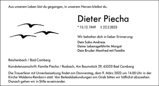 Traueranzeige von Dieter Piecha von Camberger Anzeiger