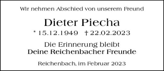Traueranzeige von Dieter Piecha von Camberger Anzeiger