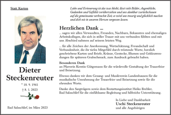 Traueranzeige von Dieter Steckenreuter von Oberhessen Kurier