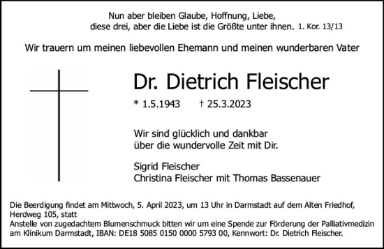 Traueranzeige von Dietrich Fleischer von Darmstädter Echo