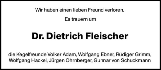 Traueranzeige von Dietrich Fleischer von Darmstädter Echo