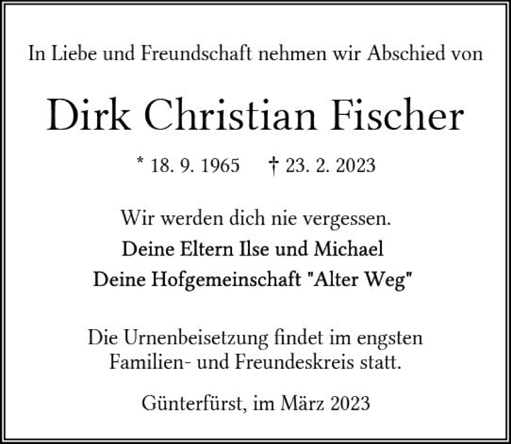  Traueranzeige für Dirk Christian Fischer vom 04.03.2023 aus Odenwälder Echo