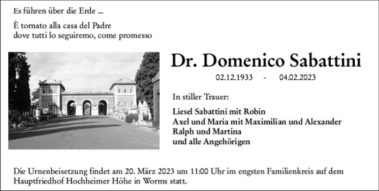 Traueranzeige von Domenico Sabattini von Wormser Zeitung