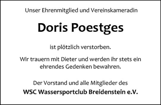 Traueranzeige von Doris Poestges von Hinterländer Anzeiger