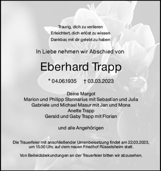 Traueranzeige von Eberhard Trapp von Rüsselsheimer Echo
