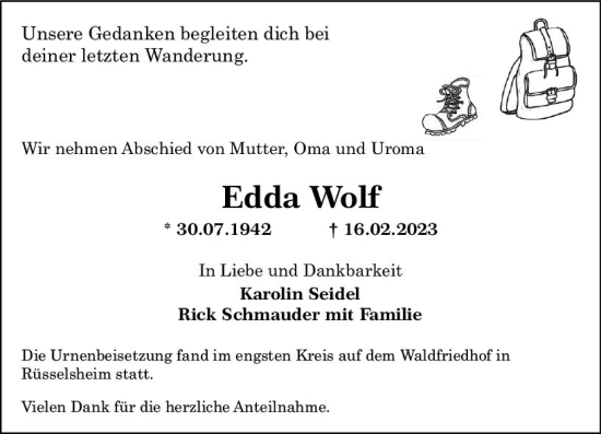 Traueranzeige von Edda Wolf von Rüsselsheimer Echo