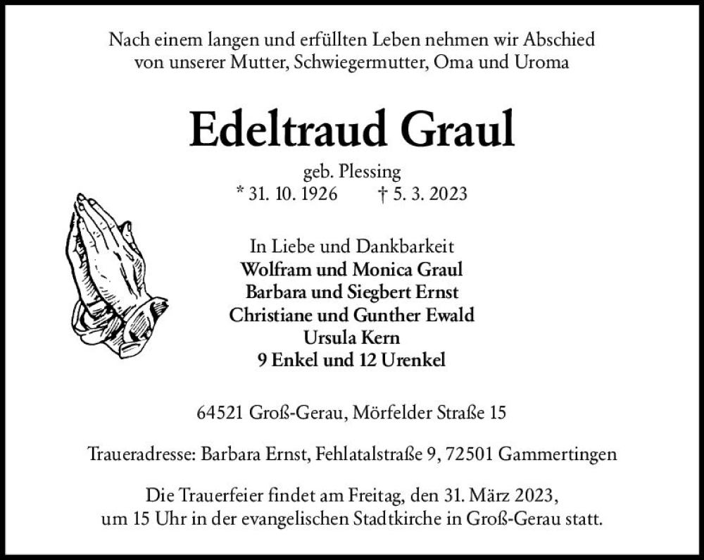  Traueranzeige für Edeltraud Graul vom 11.03.2023 aus Groß-Gerauer Echo