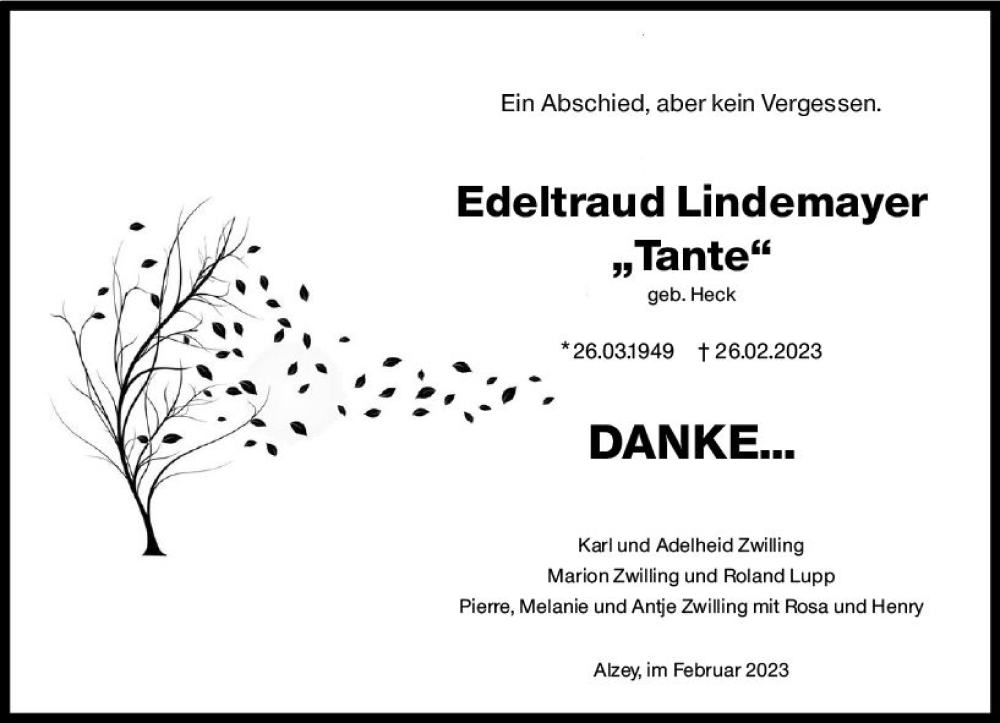  Traueranzeige für Edeltraud Lindemayer vom 04.03.2023 aus Allgemeine Zeitung Alzey