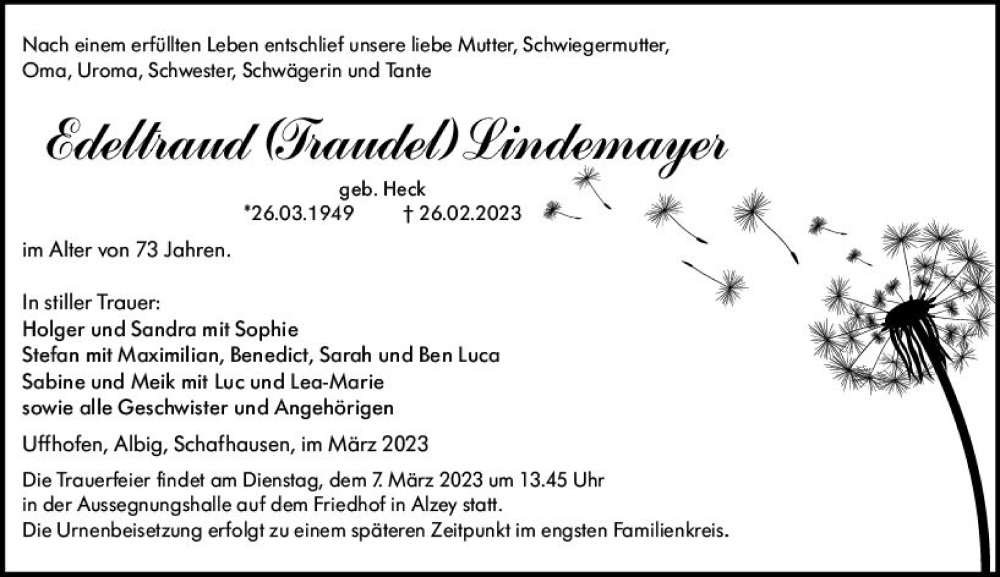  Traueranzeige für Edeltraud Lindemayer vom 04.03.2023 aus Allgemeine Zeitung Alzey