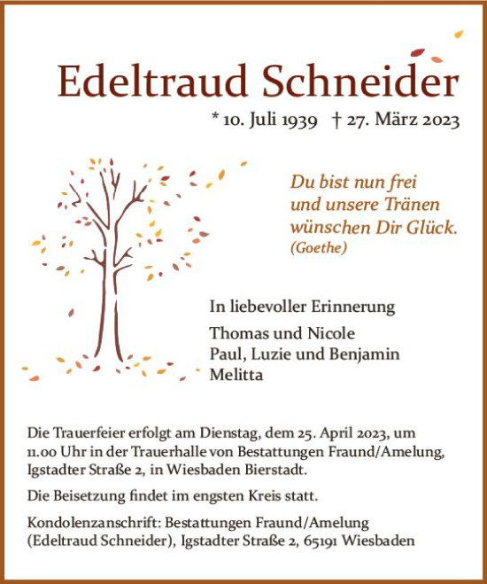 Traueranzeige von Edeltraud Schneider von Wiesbadener Kurier